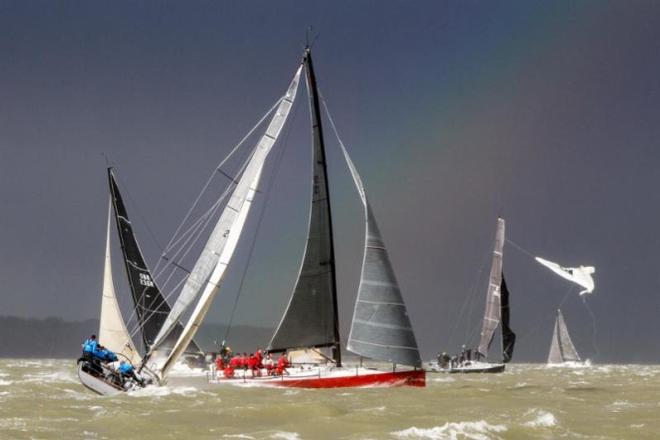 The FAST40+ class rounds the leeward mark as Tokoloshe’s crew attempts to restain their kite. - RORC Easter Challenge © RORC/Paul Wyeth/pwpictures.com